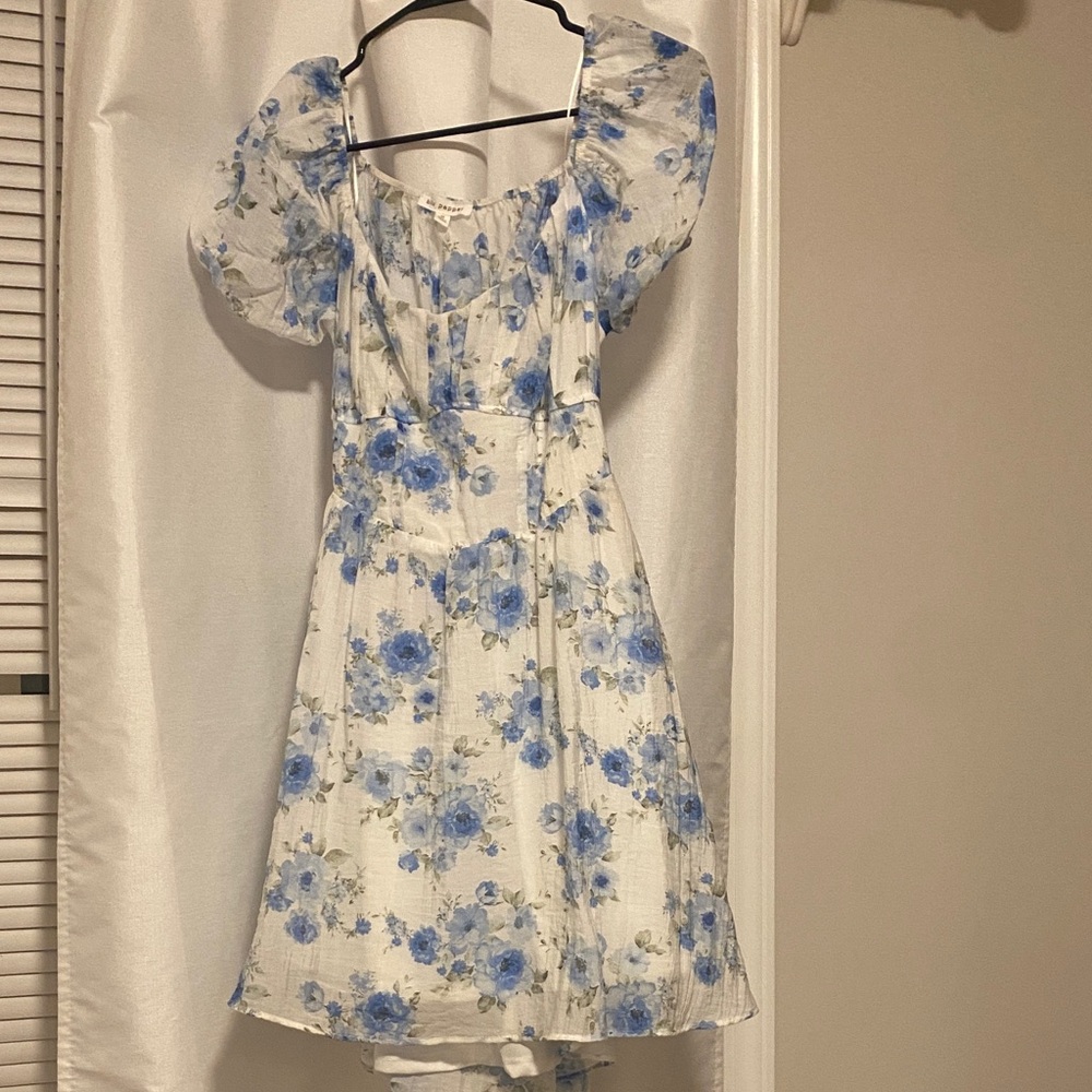Blu Pepper White Midi Dress with Blue Floral Print